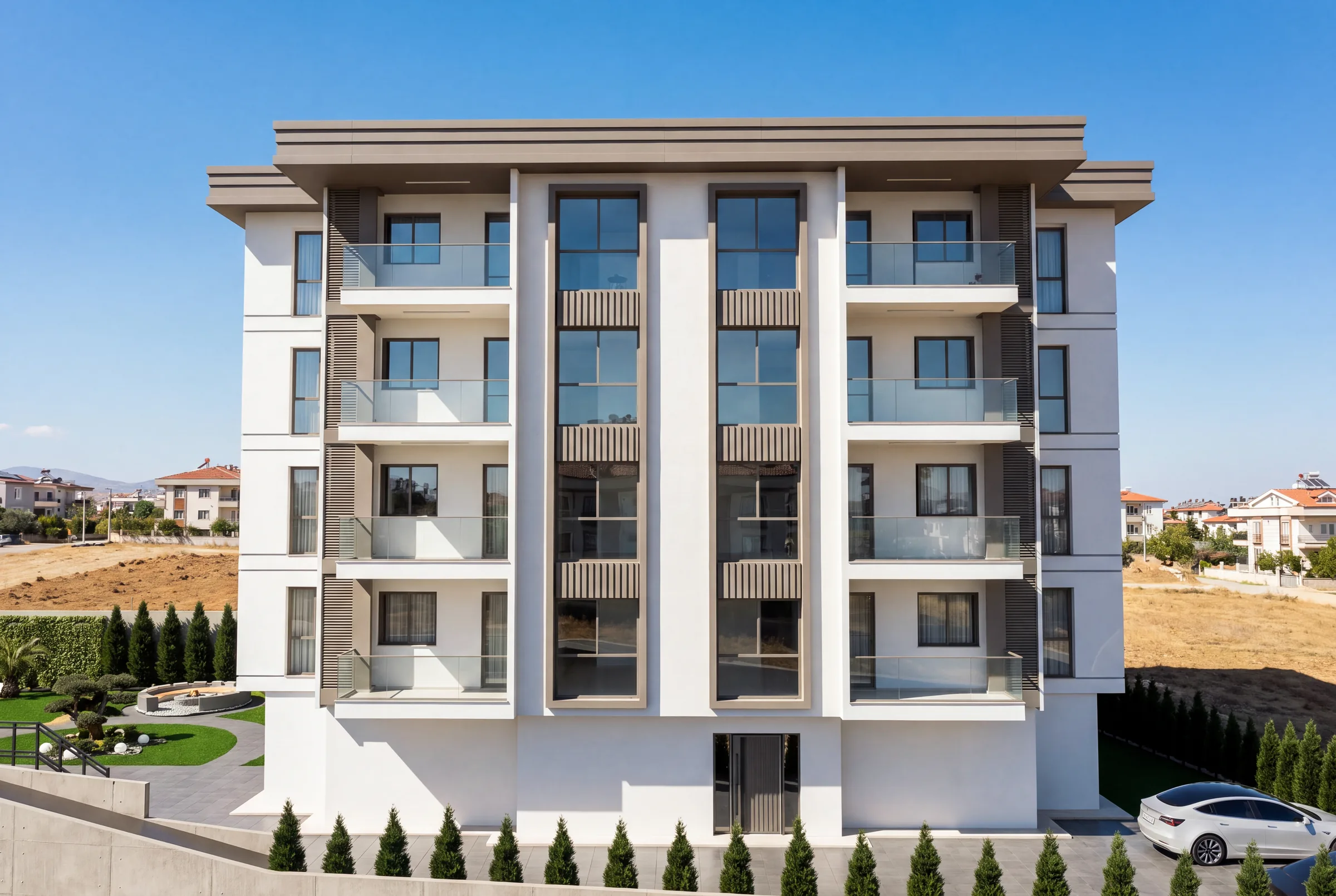 Valore'nin ön cephesi: dört katta sekiz cam korkuluklu balkon