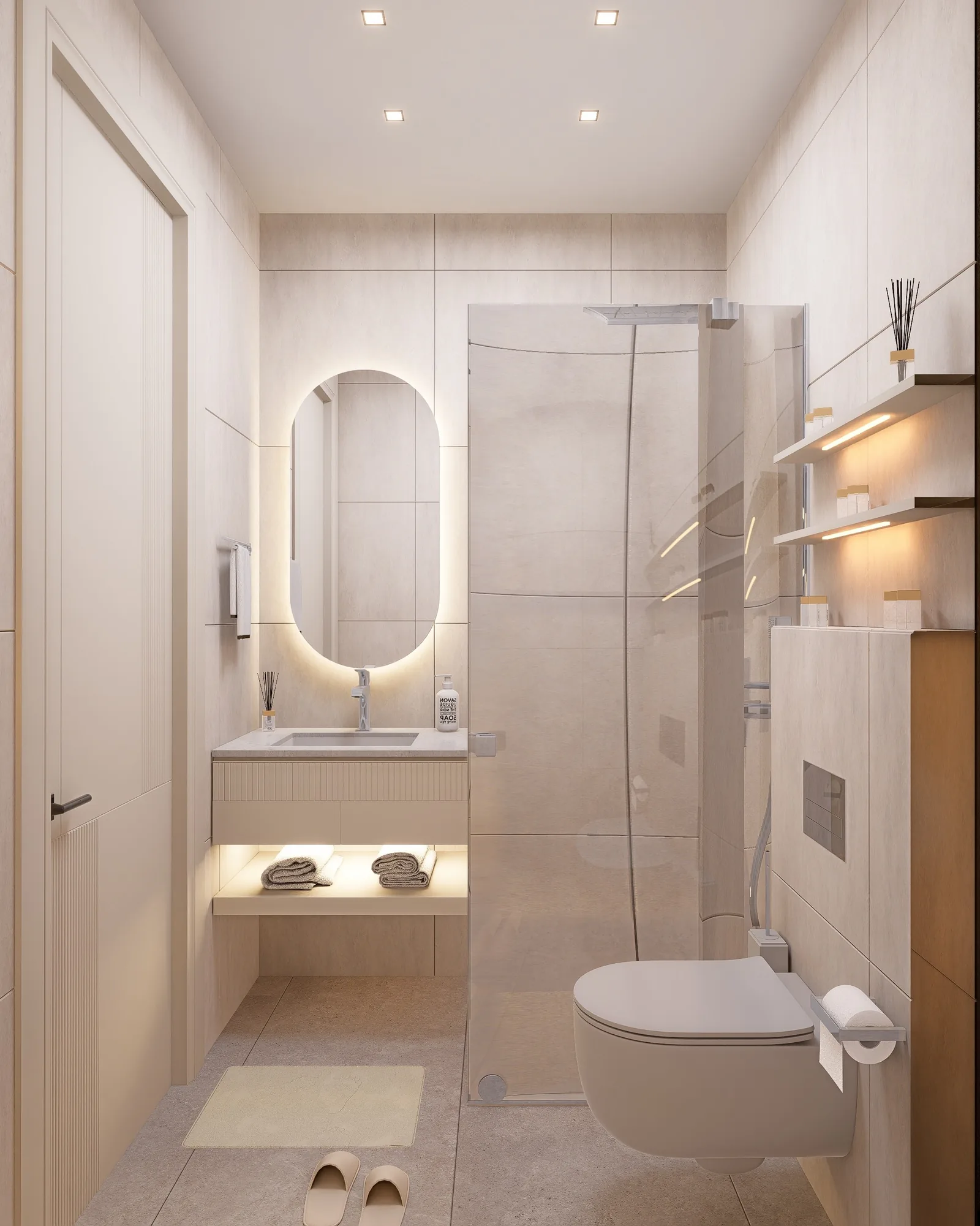 Cam duşakabinli banyo, oval ışıklı ayna