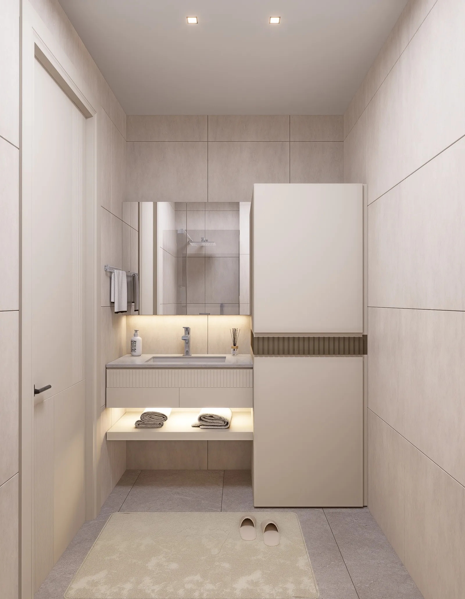 Banyoda aynalı dolap ve ışıklı lavabo nişi