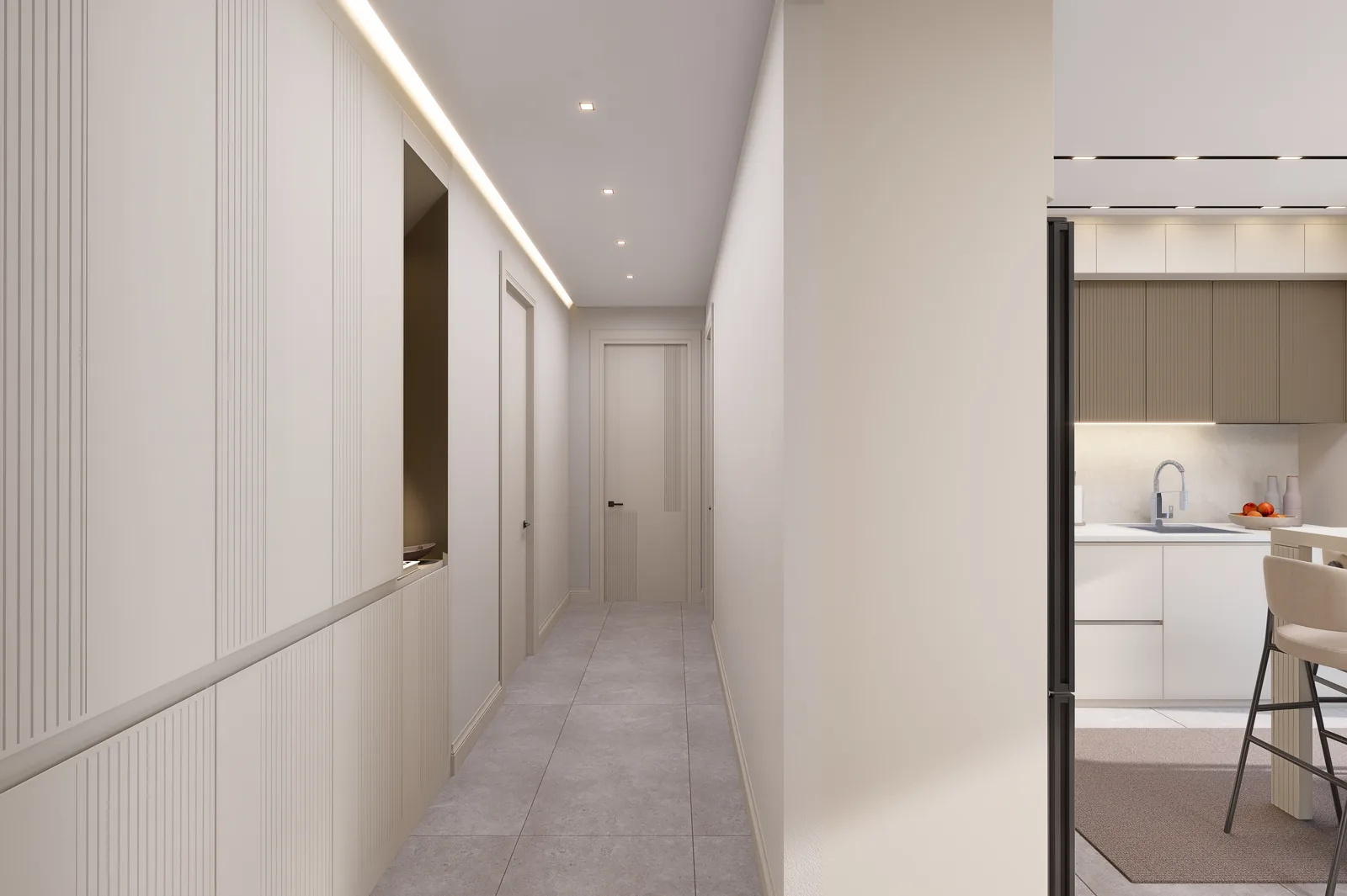 Kanallı panel kaplı koridor, mutfağa açılan kapı