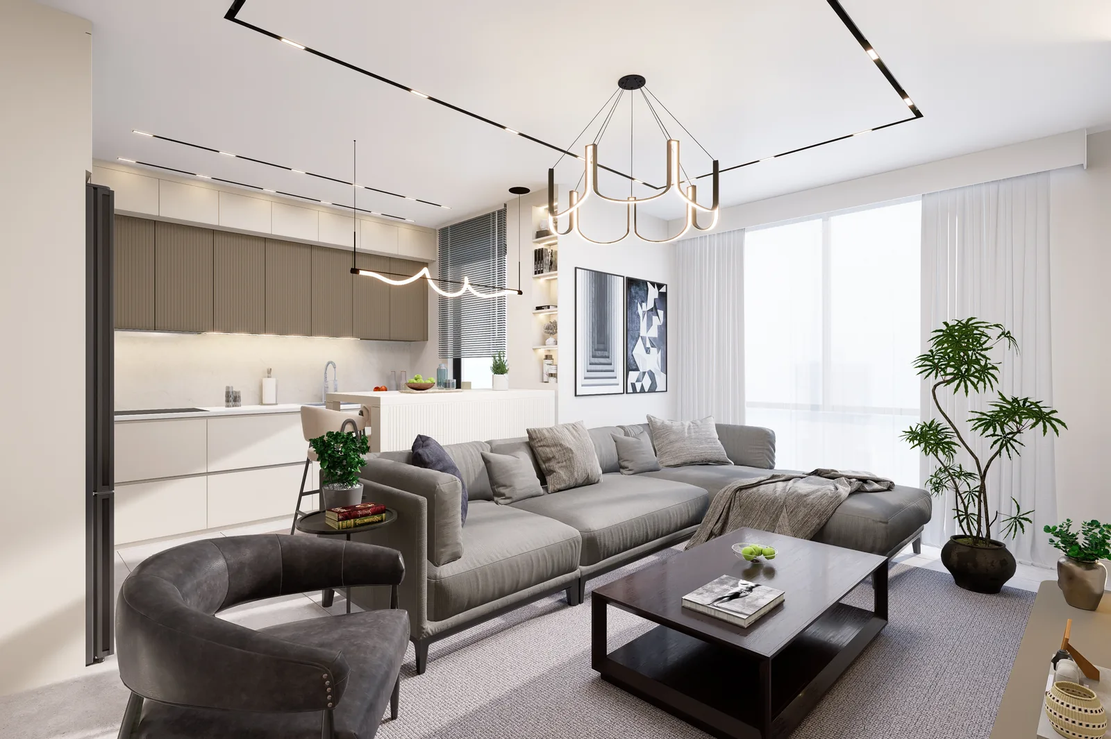 Tavana kadar pencereleriyle salon ve mutfak