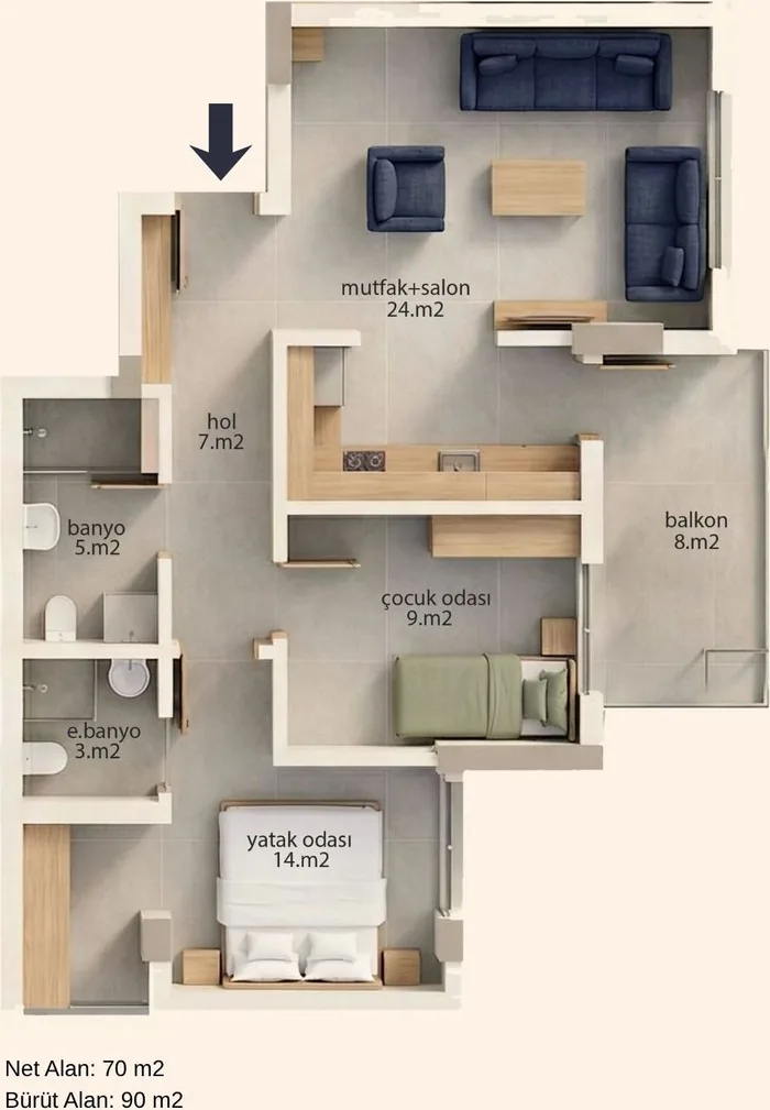 2+1 daire planı: salon, mutfak, iki oda, iki banyo, balkon